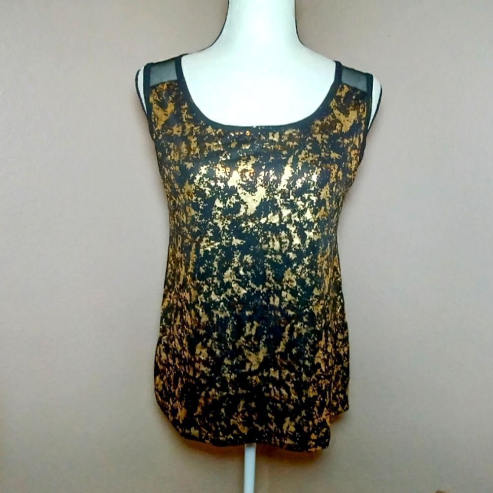 Cleek Party metallic gold and black sheer hi-lo blouse Size L